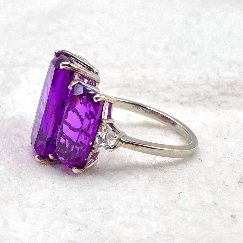 Huge Color Change Lab Sapphire Trilogy Cocktail Ring. Platinum over Sterling - Picture 5 of 16